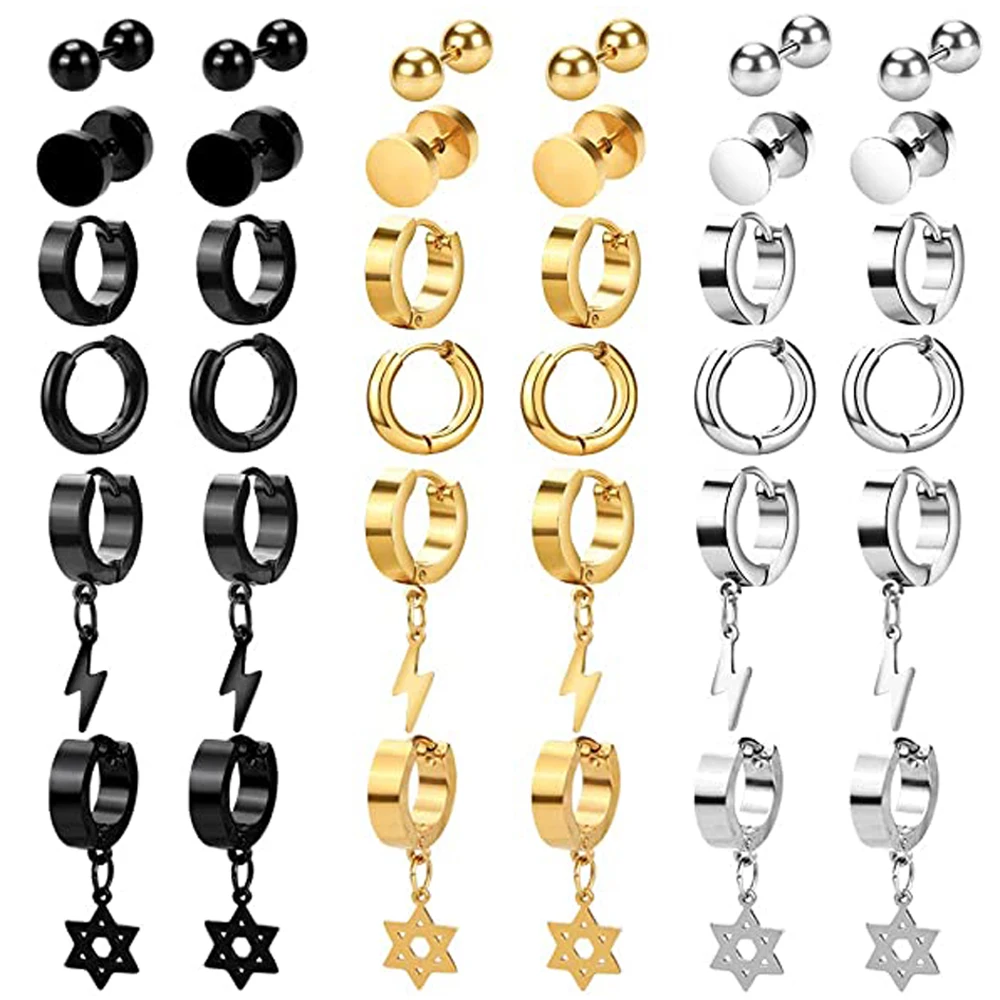 

1 Pair Different Types Shape Unisex Black/Gold Color Stainless Steel Piercing Earring For Women Men Punk Gothic Barbell Earring