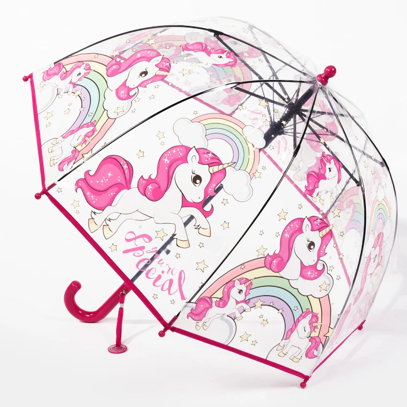 2022 New Children Colour Princess With Binding Lovely Transparent Plastic Printing Unicorn Umbrella Kawaii Girl