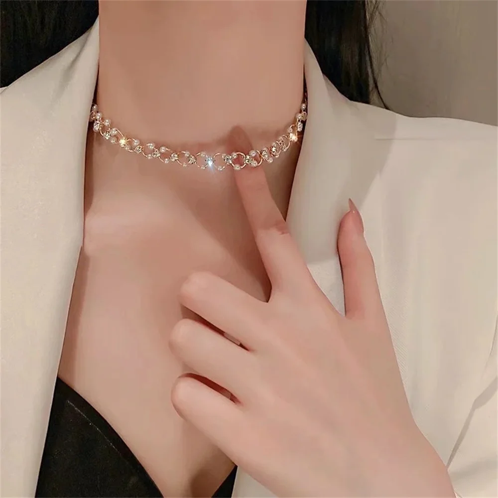 

Advanced French Style Pearl Zircon Short Woven Choker Necklace For Women's Trendy Personality Collarbone Chain Jewelry Luxury