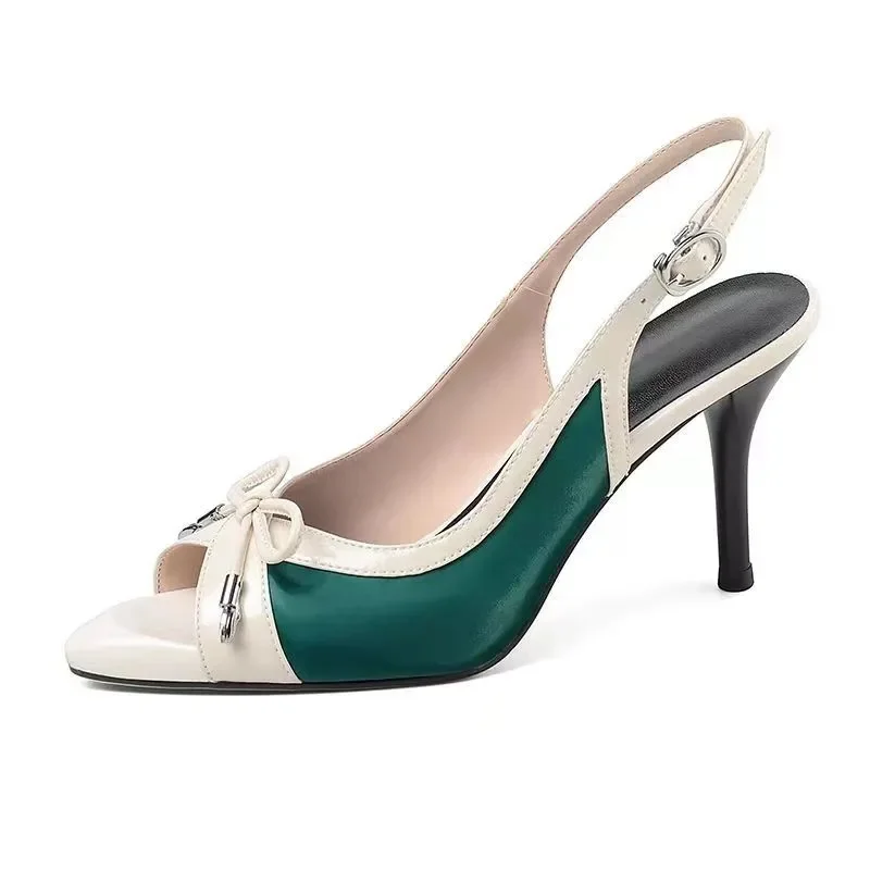 

Women Cute Sweet Peep Toe Green & White Comfort Stiletto Heel Shoes Lady Casual Spring & Summer Buckle Strap Heel Pumps E1279
