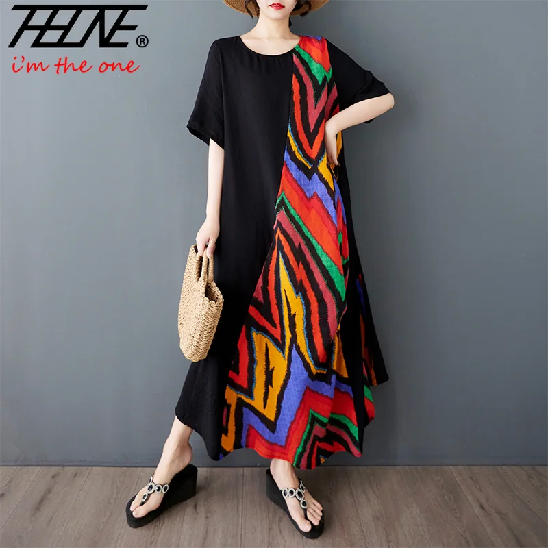 Фото THHONE Летнее платье женское 2025 Vestidos De Mujer Robe Beach Style Holiday Vintage Свободное повседневное платье с круглым вырезом в стиле пэчворк Новые платья №1