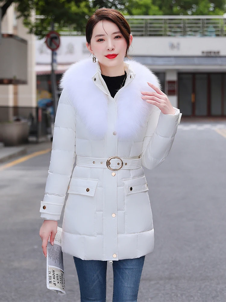New Women Fur Down Jacket Winter Fashion Real Fox Fur Collar Medium Long Belt Slim Puff Down Coat Thicken Warm Outerwear Female