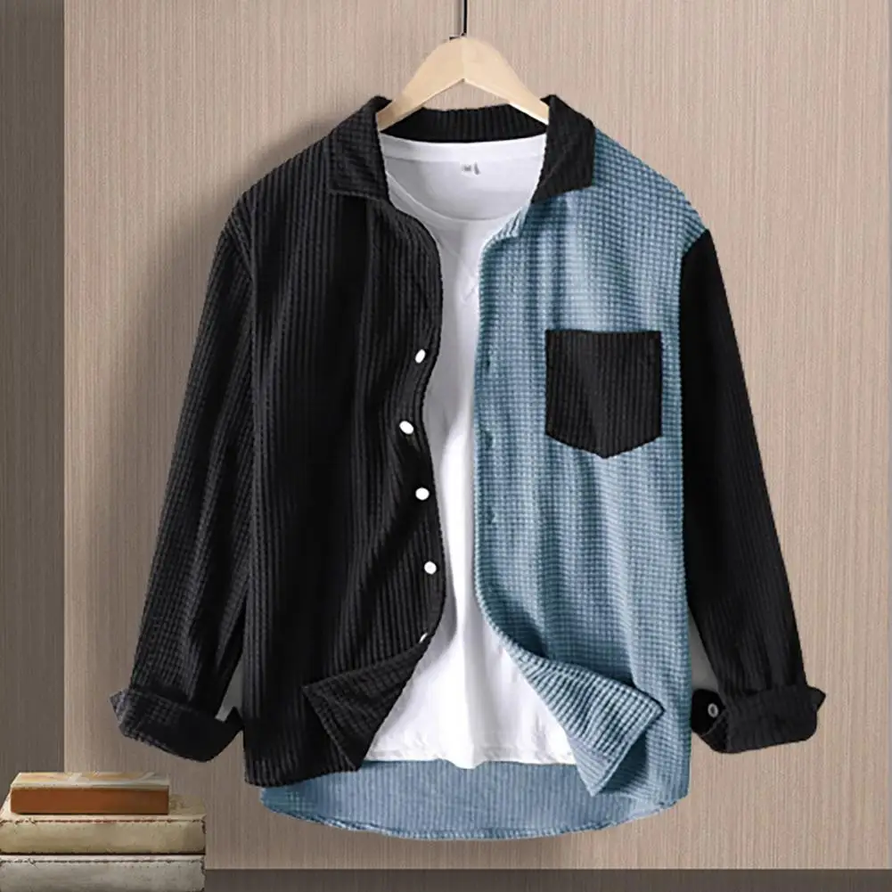 

Splicing Color Shirt Single Breasted Shirt Coat Men's Casual Shirt Coat Lapel Long Sleeve Pocket Patchwork Color Single for Him