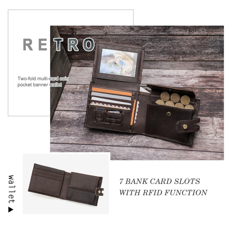 

M6CC Head Layer Cowhide Wallet Snap Closure Men Short Purse RFID Anti-theft Brush Vintage Bifold Wallets Clutch Credit Card Coin