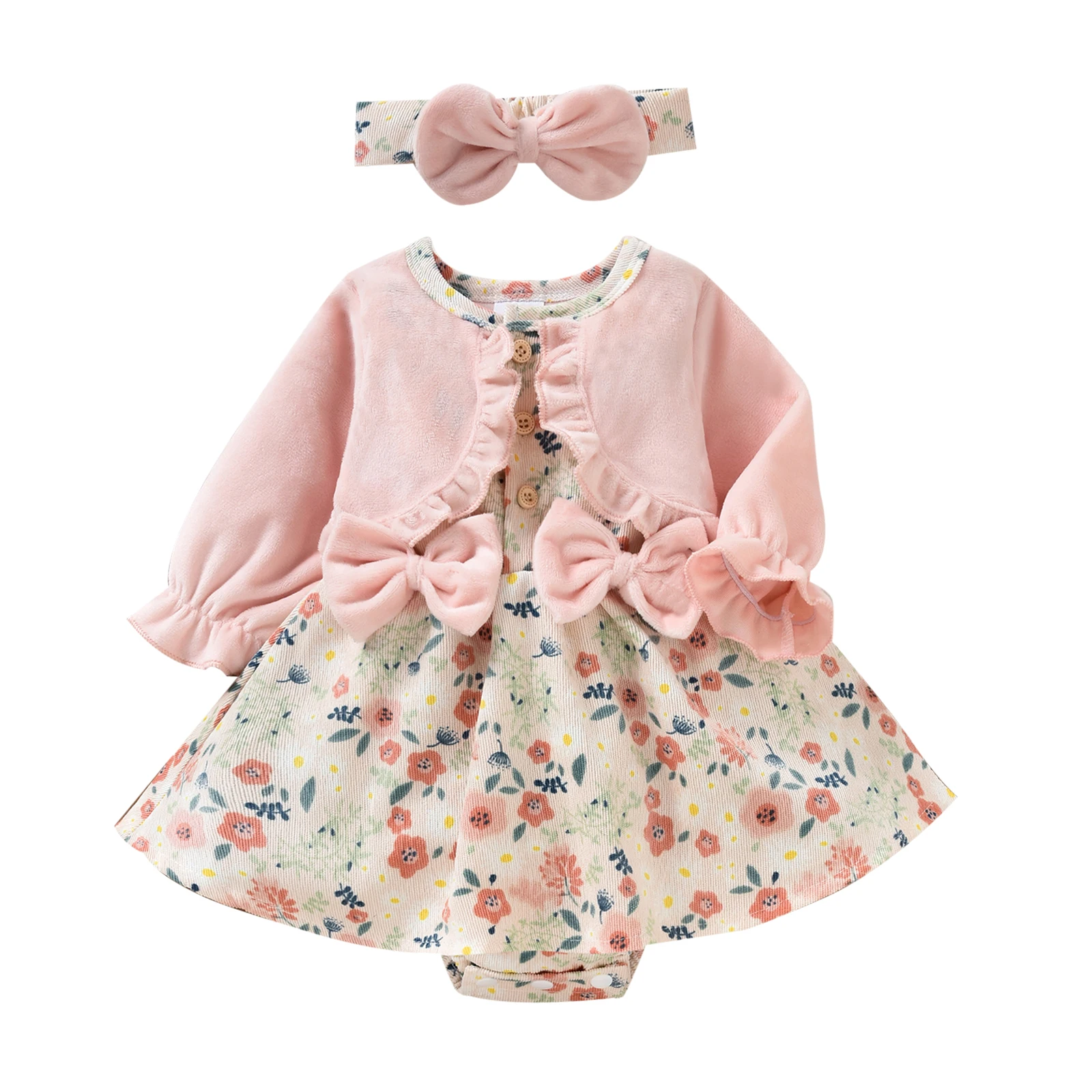 

0-18M Newborn Baby Girl Bodysuit Long Sleeve Floral Printed Patchwork Dress Playsuit Bow-Knot Decor Headband Set