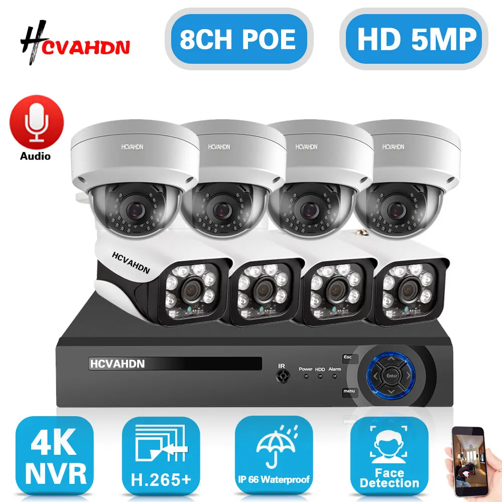 

8CH 4K POE NVR Kit Outdoor Waterproof CCTV Security Camera Set 5MP IP Dome Bullet Camera Video Surveillance System Kit XMEYE P2P