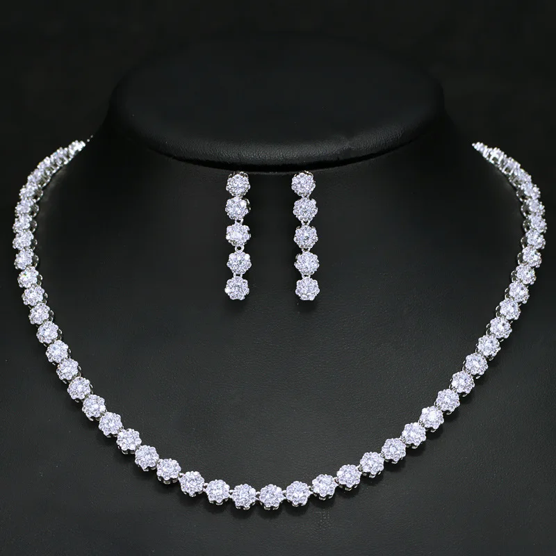 

S925 Sterling Silver Classic Fashion AAA Zircon Engagement Wedding Set Silver Plated White Gold Necklace Earring Jewelry Set