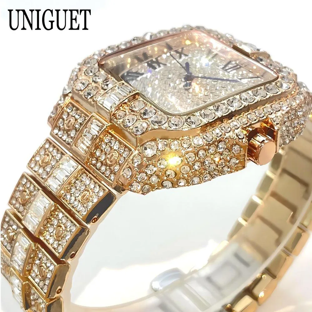 Фото UNIGUET модные часы для мужчин, роскошные розовые квадратные кварцевые часы Iced Out, мужские ювелирные часы в стиле хип-хоп с бриллиантами, наручные часы Reloj HombreU №5