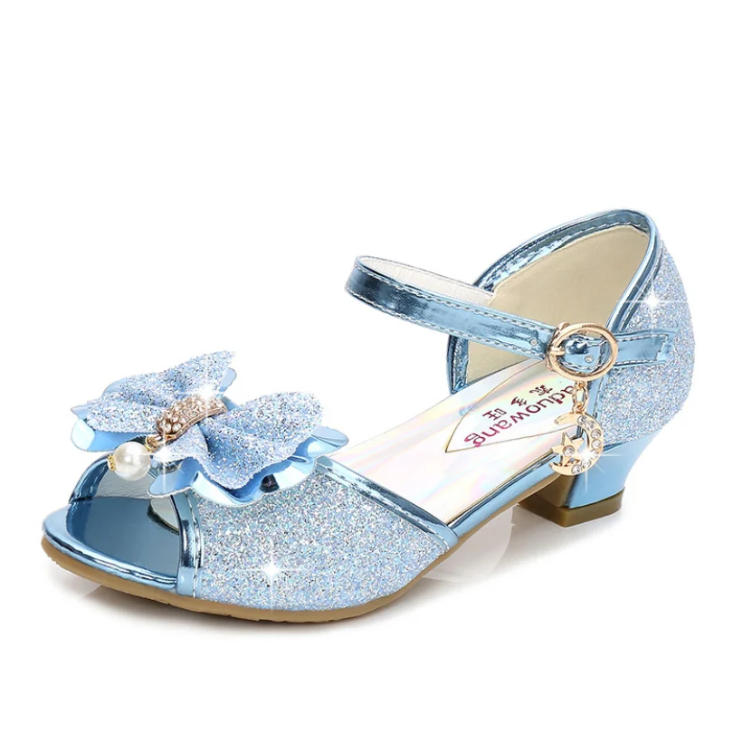 

Детские сандалии принцессы, Свадебная обувь для девочек, классические туфли на высоком каблуке, с бантом, золотистые, розовые, синие, серебристые туфли для девочек, 5 цветов