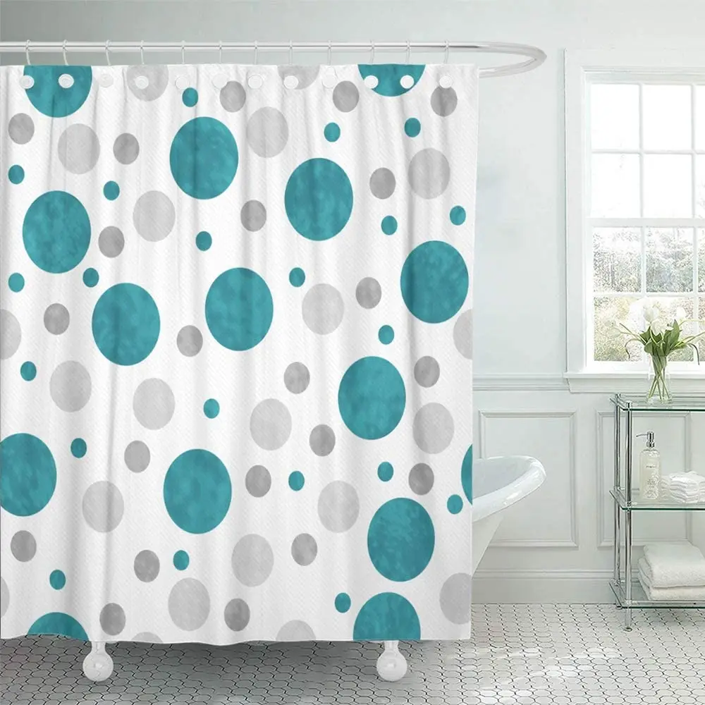 Polyester Fabric Blue Grey Teal White Polka Dot Pattern Modern Art Colorful Set With Hook Decor Bathroom