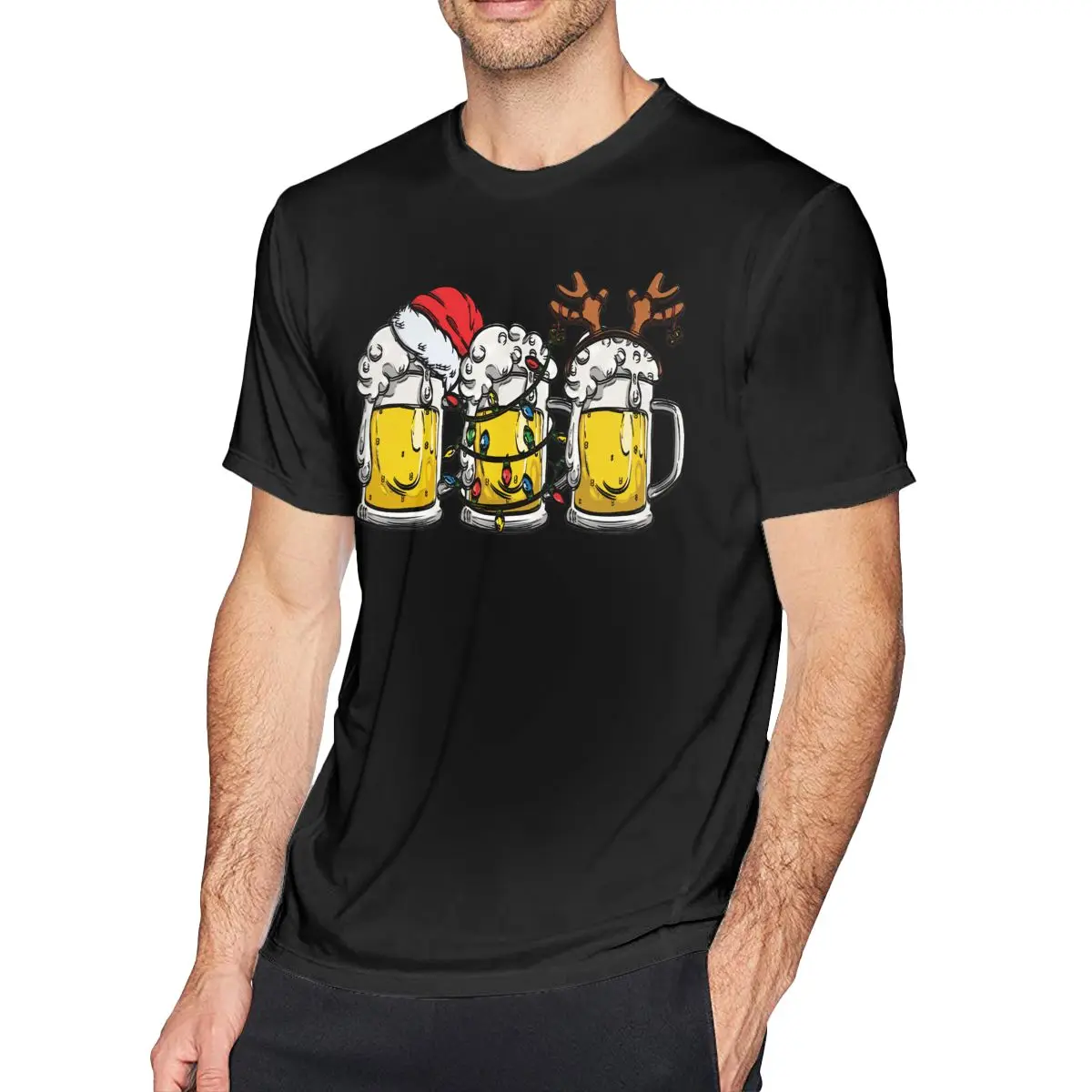 

Рождественская Футболка с принтом пива, Мужская Уличная футболка с Санта-оленем, футболка большого размера из 100 хлопка