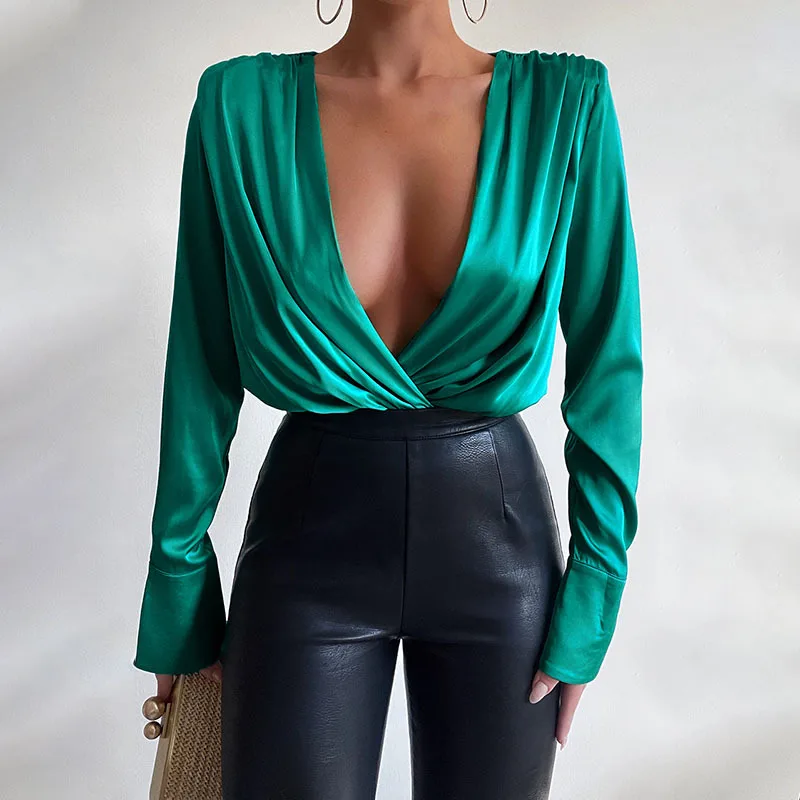 

Sexy Spring Blouse Women Deep V Neck Solid Long Sleeve Ladies Top Shirt Street Clothes