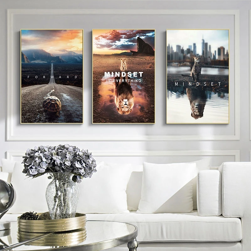 Животные Лев Mindset Is All мотивационные цитаты холст живопись черепаха вперед плакат