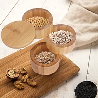 bamboo salt box with magnetic swivel lidthree layers round salt shaker durable storage organiser for spices small items