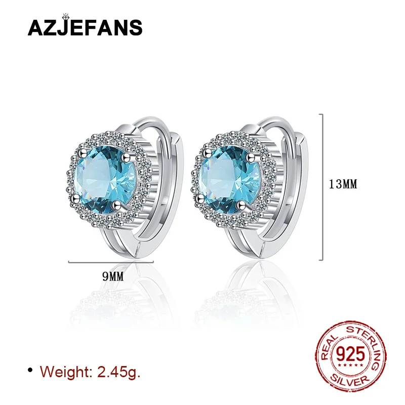 Фото Серьги AZJEFANS из стерлингового серебра S925 с синим цирконом, круглой формы, изысканные ювелирные изделия №4