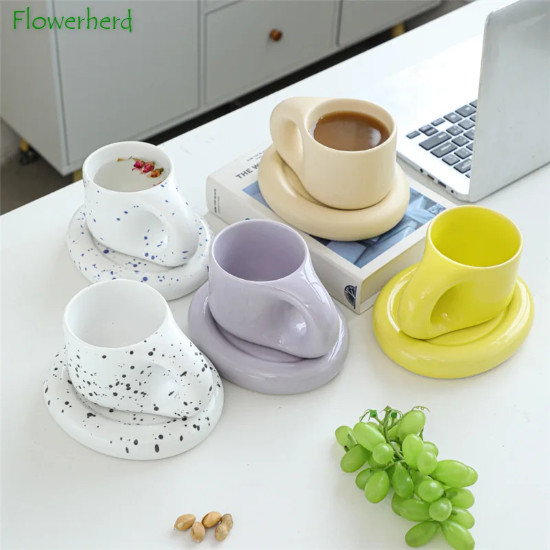 

Ceramic Mug Nordic Coffee Cup with Fat Large Handle and Saucer Breakfast Klein Blue Cute Fatty Porcelain Tea Mug