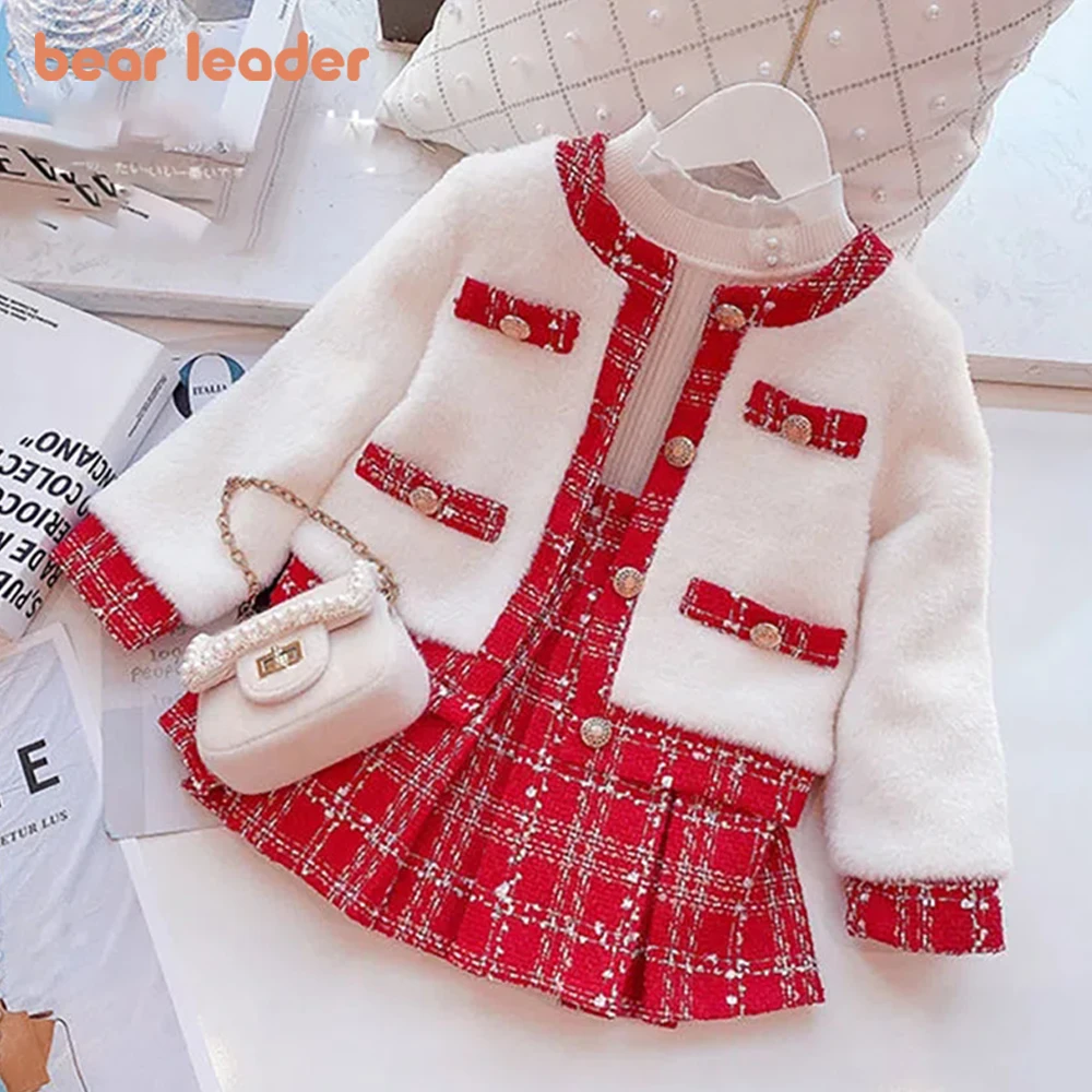 

Bear Leader Girls' Set Autumn Winter Little Fragrance Korean Plush Girl's Western Style Coat Plaid Pleated Skirt Two Piece Set