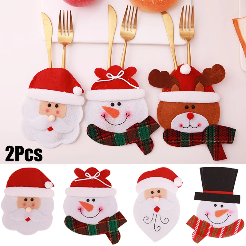 

2pcs Non-woven Christmas Knife Fork Bags Santa Claus Elk Snowman Cutlery Cover Xmas Tableware Holders Dinner Table Decoration