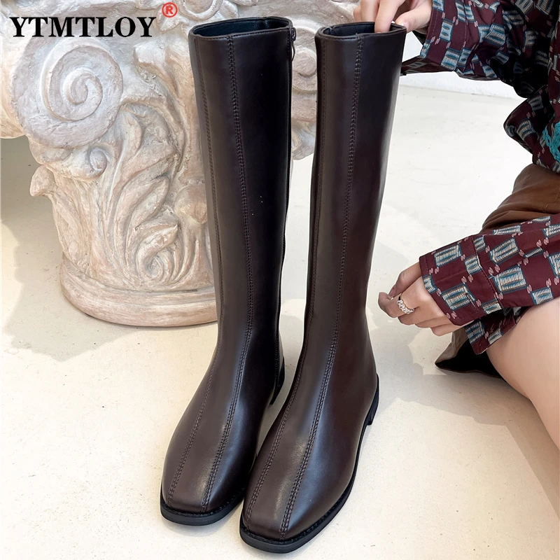 

Новые женские кожаные сапоги до колена с широкой молнией и квадратным носком, женские пикантные длинные сапоги, зимняя женская обувь