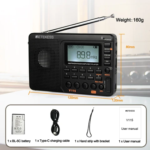 Портативное радио RETEKESS V115 с AM/FM, черное — детальный вид товара