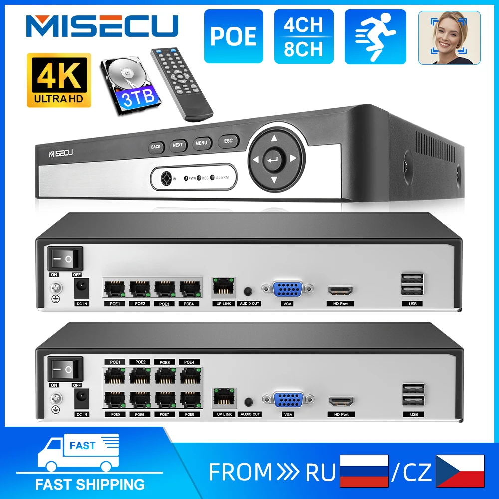 

IP-камера MISECU 4K H.265 8 каналов 4 канала 8 Мп, видеорегистратор POE NVR, камера видеонаблюдения с функцией распознавания лица, для POE IP-камер
