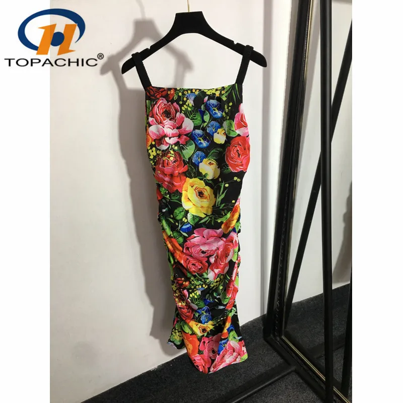 

10.12 High Quality Temperament Rose Flower Print Ruched Package Hip Slim Suspender Split Dress Women