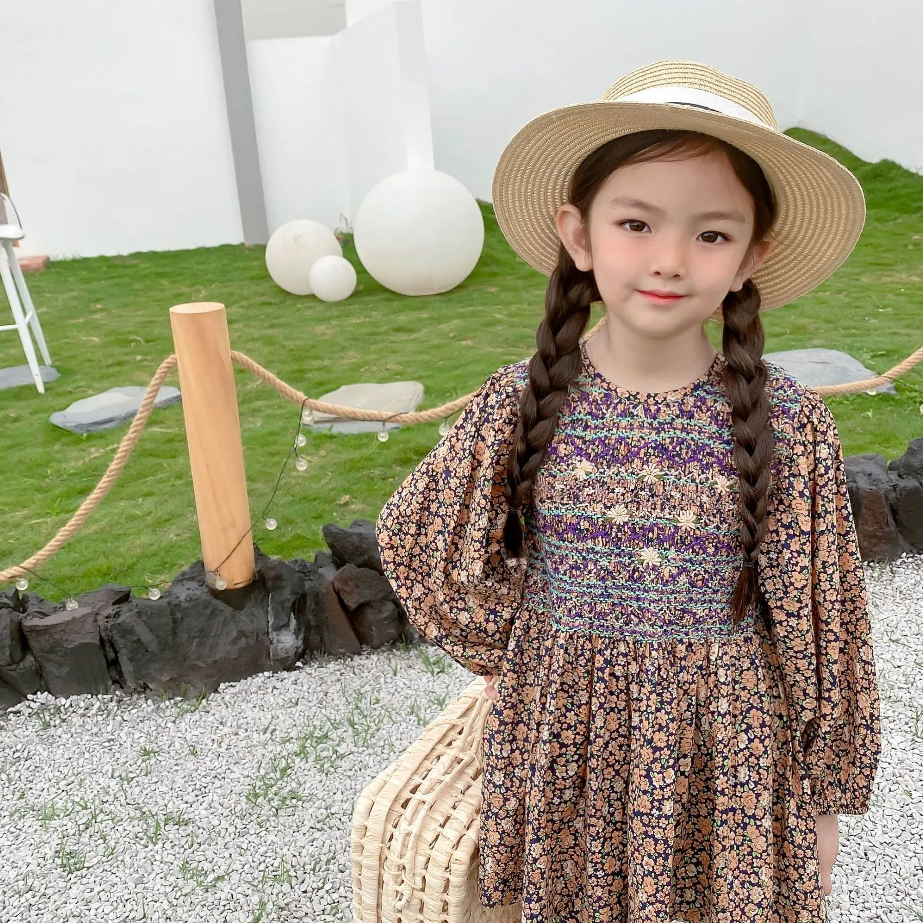 

Girls Tops Floral Pattern French Country Tops Handmade Pleated Blouses Lantern Sleeves Long Sleeves Tops