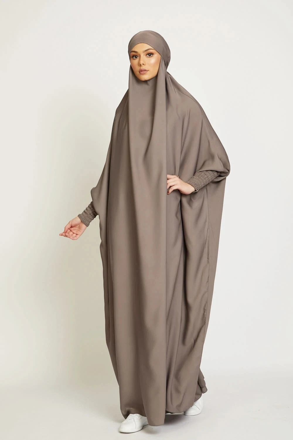 

Muslim Women Jilbab One-piece Prayer Dress Hooded Abaya Smocking Sleeve Islamic Clothing Dubai Saudi Black Robe Turkish Modesty