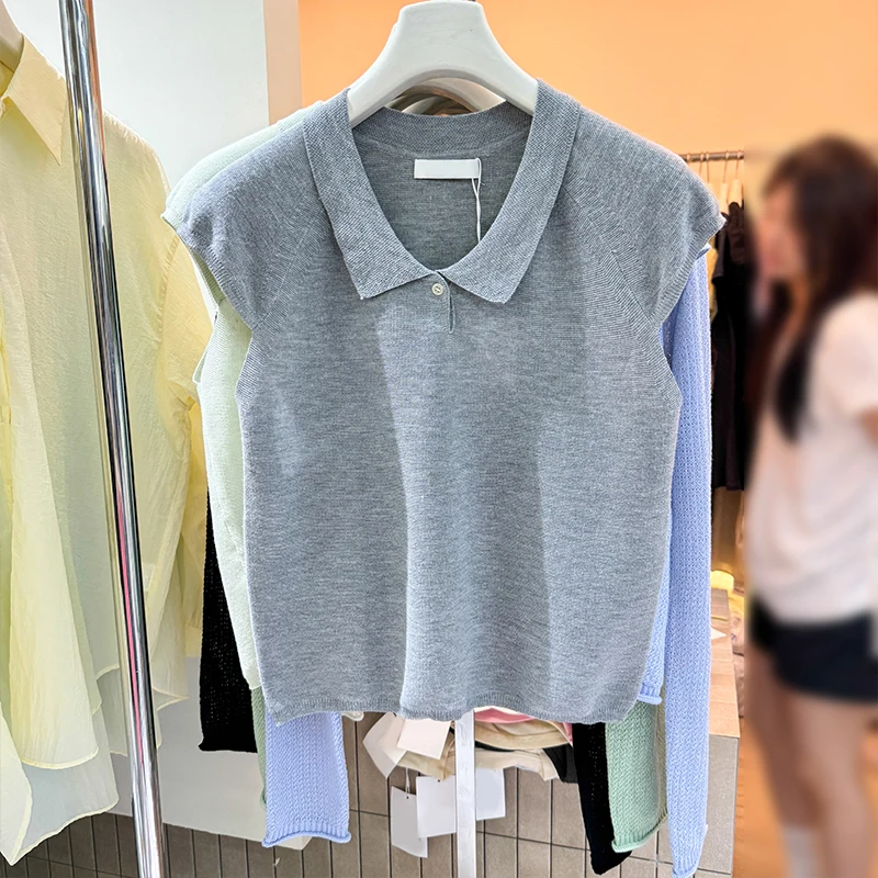 Thirteen Lines Summer New Korean Sle Lapel Pullover Half Sleeve T-shirt Loose Thin Dark Blue Casual Vest Top