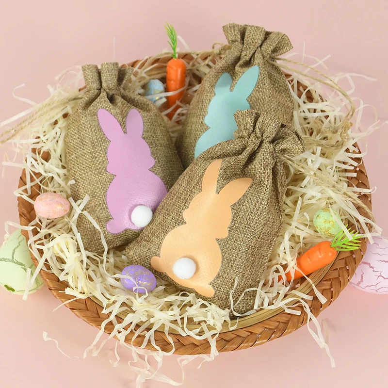 

6pcs Easter Jute Linen Drawstring Bags Bunny Burlap Candy Bundle Pocket Bags Kid Favors Rabbit Gift Packing Birthday Decoration