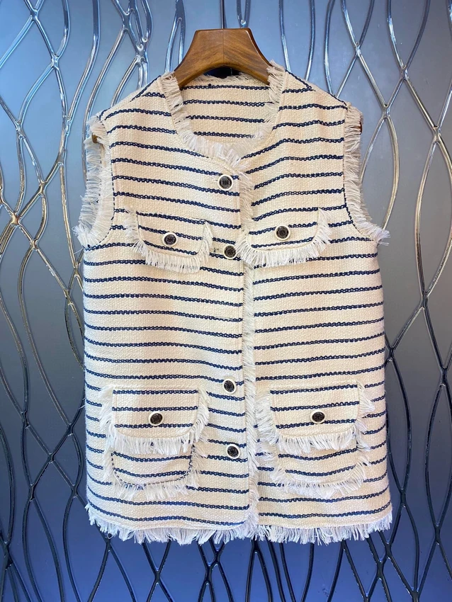

2023 new women fashion high quality sleeveless crewneck beard stitching trimmed striped versatile vest top 0808