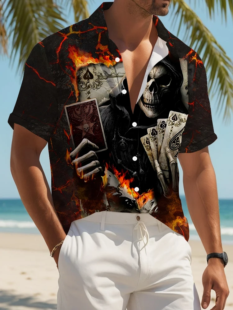 Мужская летняя рубашка с принтом в виде черепа игральных карт коротким рукавом