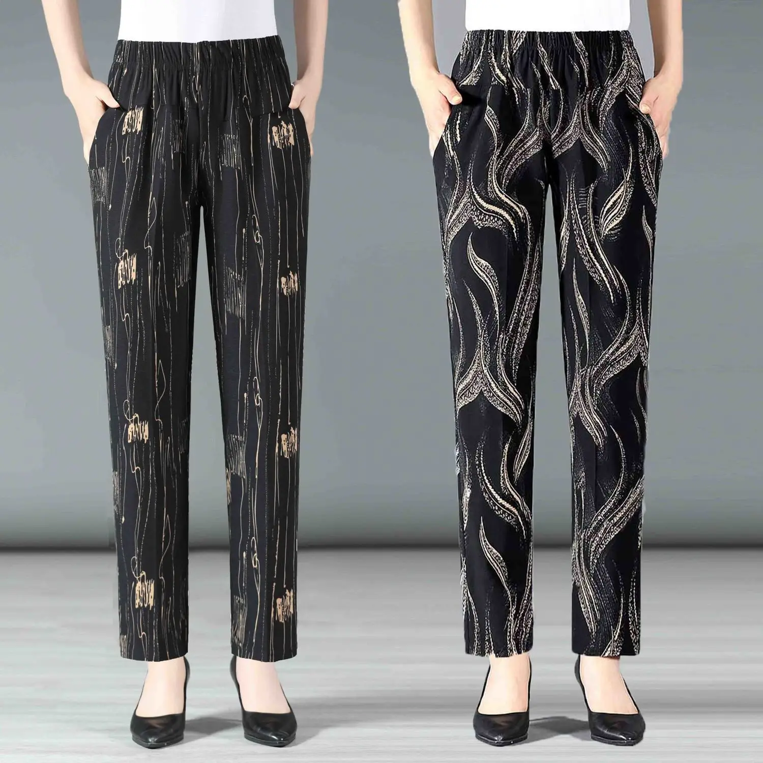 

New 2023 Women Summer and Spring Trousers Pants Loose Casual Clothing Flowers High Waist Printed Baggy Elastic Old Age W08