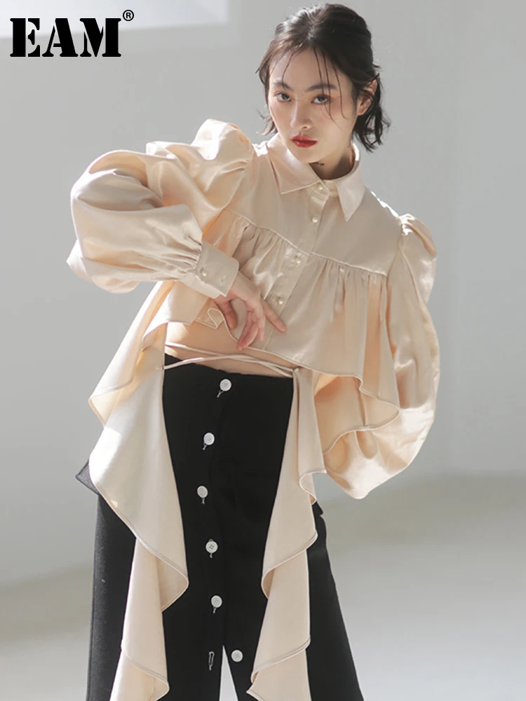 

[EAM] Women White Short Ruffles Big Size Blouse New Lapel Long Sleeve Loose Fit Shirt Fashion Tide Spring Autumn 2023 1DE4853