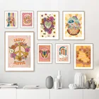 Настенная картина в стиле бохо, скандинавский хипстерский постер в стиле ретро, с изображением грибов, радуги, солнца, бабочки, цветов, 70s, декор для гостиной