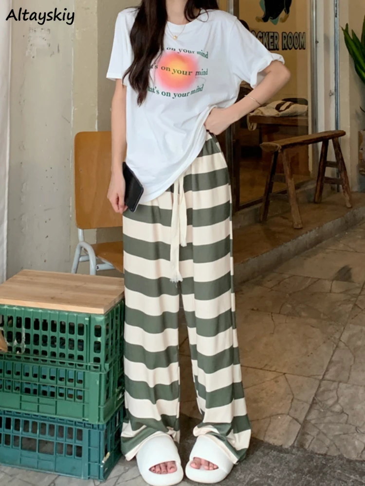 

Striped Pants Women Baggy Leisure Popular Design All-match High Waist Summer Breathable Female Streetwear Harajuku Drawstring