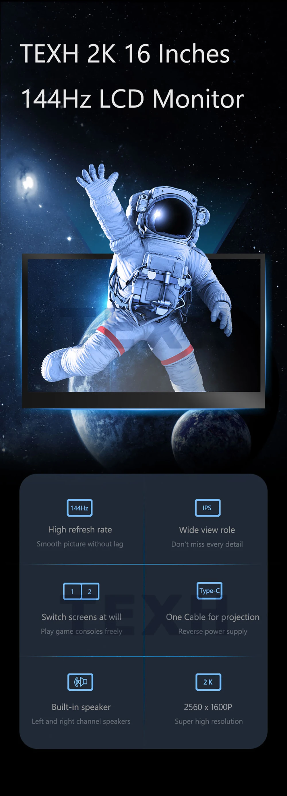 Портативный монитор 16 дюймов 2K 144Гц 100% sRGB 500кд/м² HDR IPS Type-C HDMI экран расширенный для ноутбука ПК Расширяемый двойной дисплей.