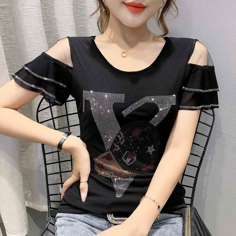 

Summer Women's Clothing Fashion Casual O-Neck Sexy Off Shoulder Ruffle Sleeve Hot Drilling High Quality Mesh Bottom T-Shirt Top