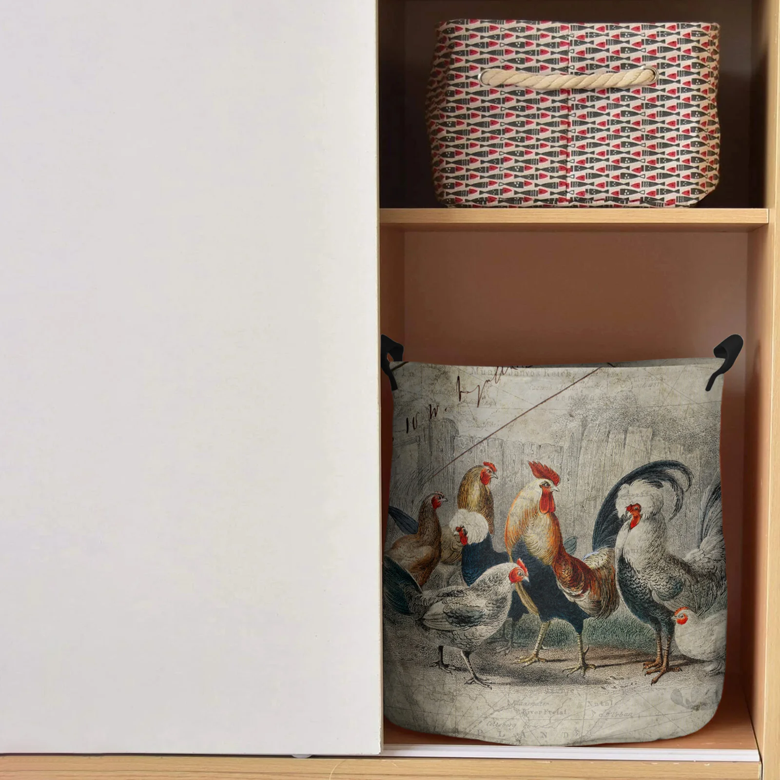 Корзина для грязного белья в стиле ретро с изображением курицы-петуха складная