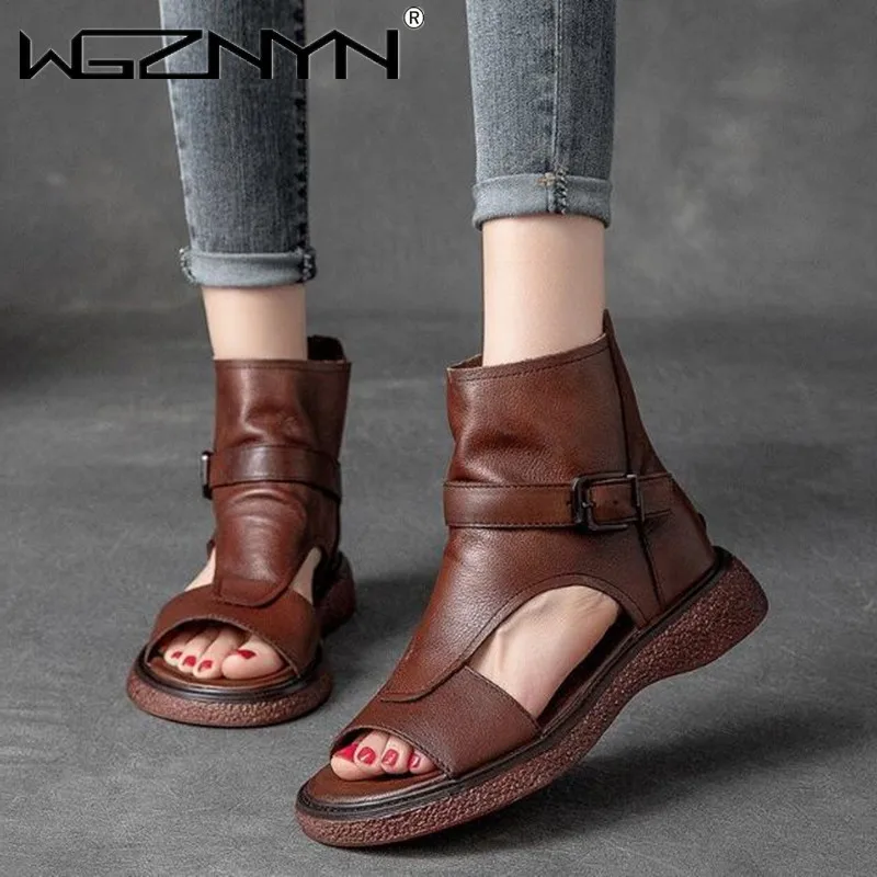 

High Top Women Wedge Heeled Leather Sandals Boots 2022 Summer Female Roman Style Casual Shoes Ladies Peep Toe Platform Sandalias