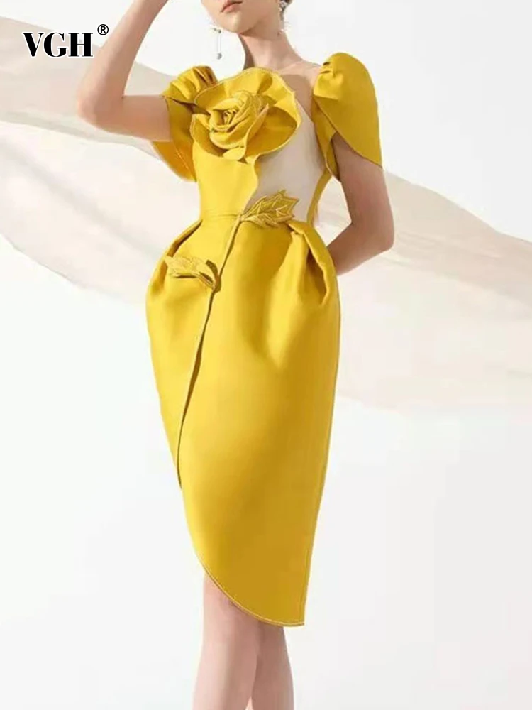 

VGH Patchwork Irregular Dress For Women Asymmetrical Collar Short Sleeve Colorblock High Waist Midi Dresses Female Fashion Style