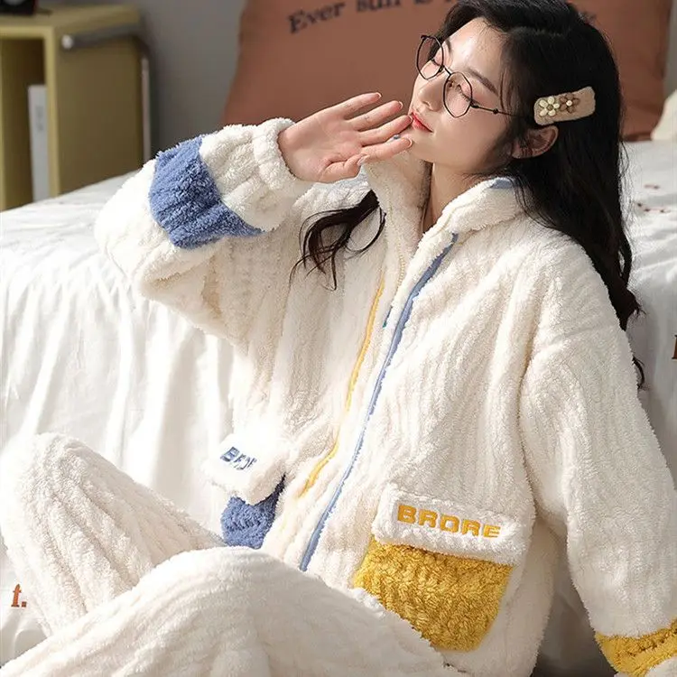 Yasuk Autumn Winter Women's Casual Lovely Sweet Girl Warm Soft Sleepwear Loose Pajamas With Pants  Velvet Simple Splicing Pocket