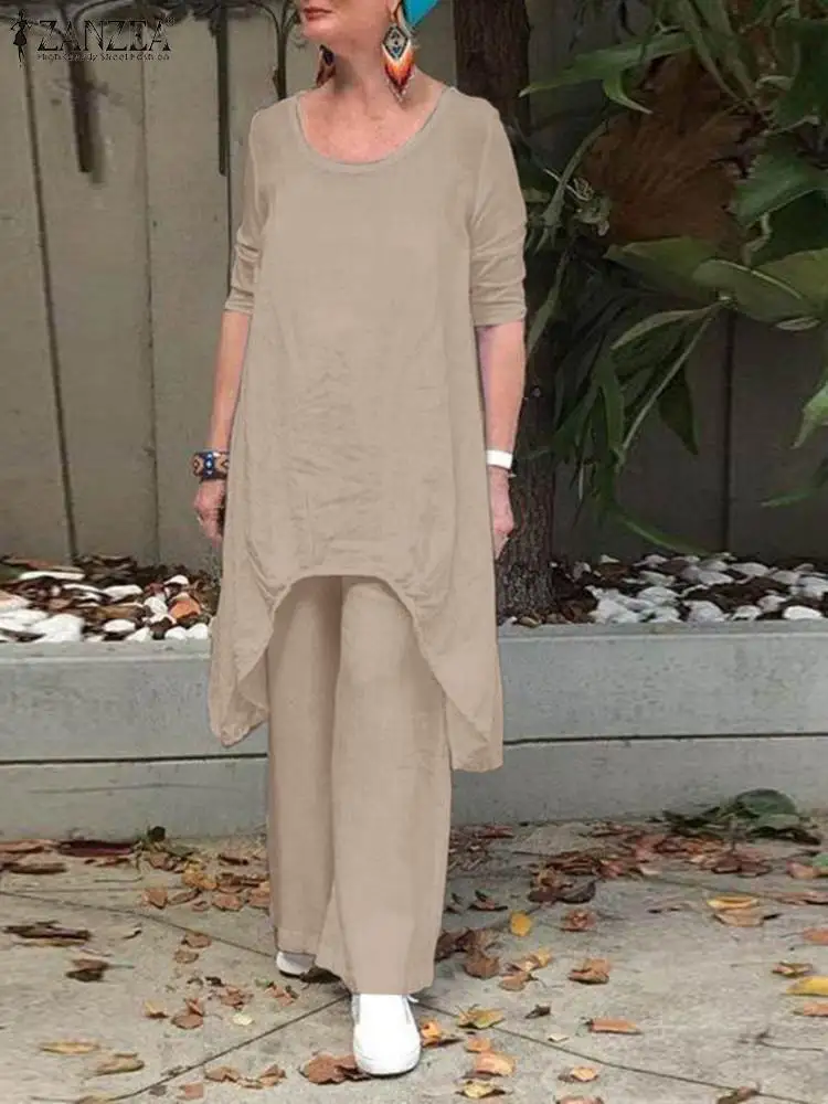 

ZANZEA Summer Matching Sets Women Fashion Suit Female Full Sleeve Irregular Hem Blouse Wide Leg Pants Elegant Urban Outifits