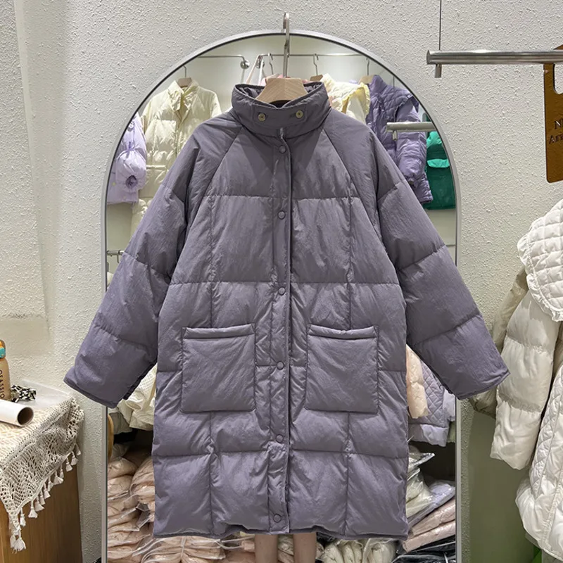 

Fashion Loose Mid-Length Down Jacket Ladies 2022 Stand Collar Large Pocket Solid Color Parkas Winter Casual Padded Coat Manteaux