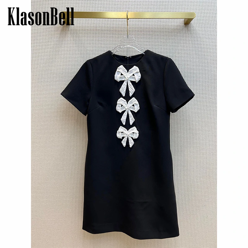 

3.8 KlasonBell Elegant Fashion Contrast Color Bow Short Sleeve Black Mini Dress Women