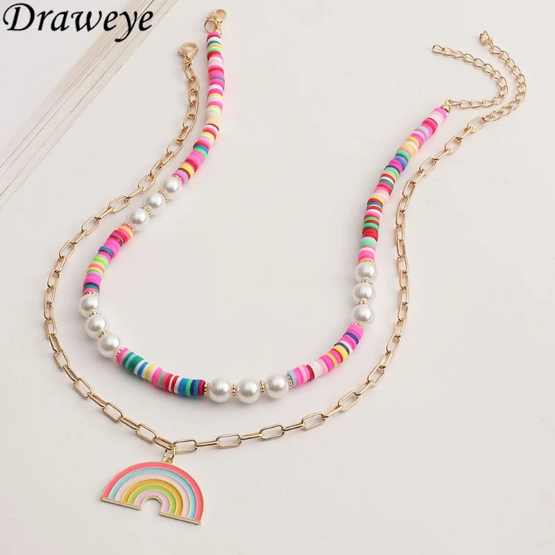 

Draweye Clay Coloful Beads Pearls Necklaces for Women Bohemia Rainbow Chains Pendant Necklace Ins Fashion Cute Jewelry Choker