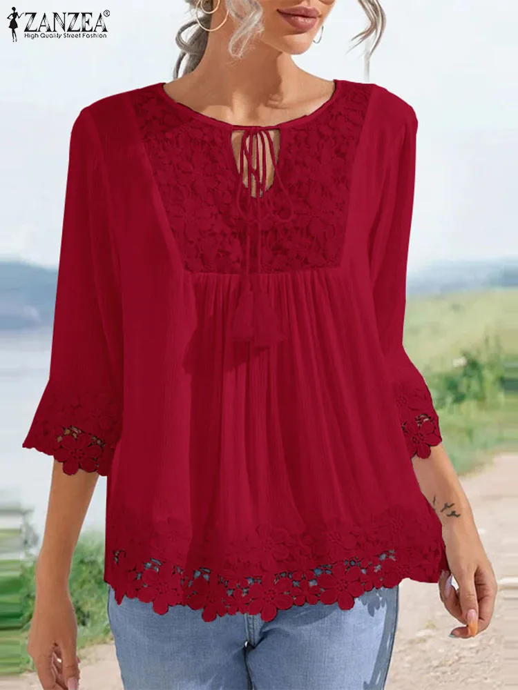 

Женская Туника оверсайз ZANZEA, модная универсальная блузка, простые Кружевные блузы с отделкой, праздничные летние рубашки на шнуровке с рукавом 3/4 и круглым вырезом