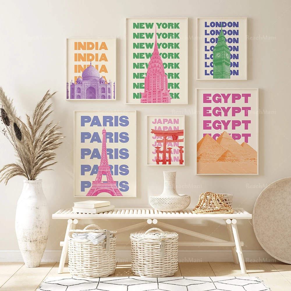 

Egypt Pyramids, France Eiffel Tower, Japan Shrine, New York, England Big Ben, India Orange Taj Mahal city travel poster