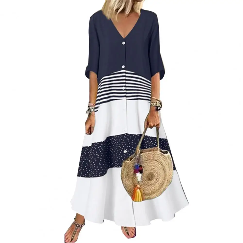 

Vintage Dress for Women 2023 V-neck Half Sleeve Large Hem Maxi Dress Dot Patchwork Printed Buttons Shirt Dress Ladies Clothing