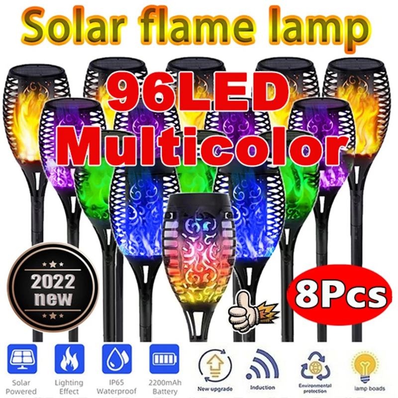 1/2/4/6/8Pcs 12/96LED Solar Flame Torch Lights Flickering Lamp Waterproof Garden Decoration Outdoor Lawn Path Yard Patio 5 Color